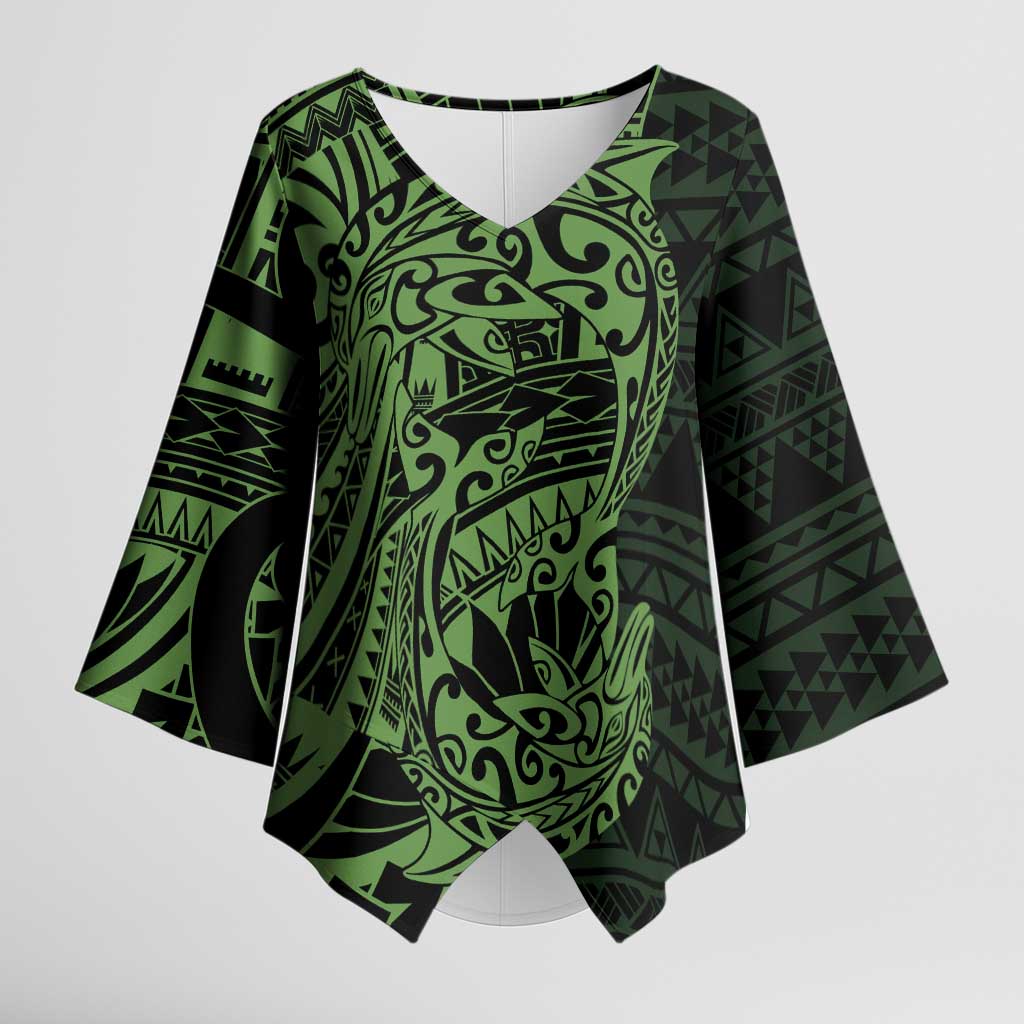 Green Couple Dolphins Maori Polynesian Style Kimono Sleeve Blouse - Polynesian Pride