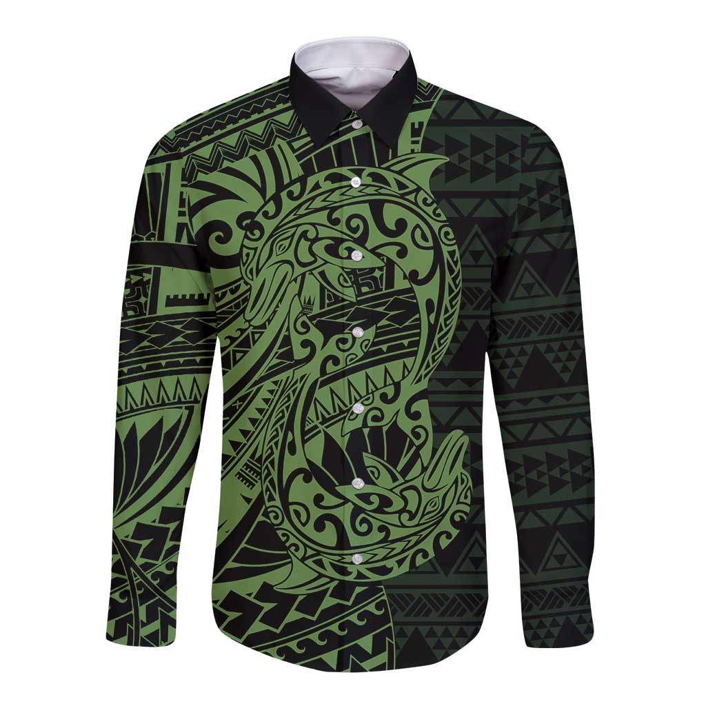 Green Couple Dolphins Maori Polynesian Style Long Sleeve Button Shirt LT9 Unisex Green - Polynesian Pride