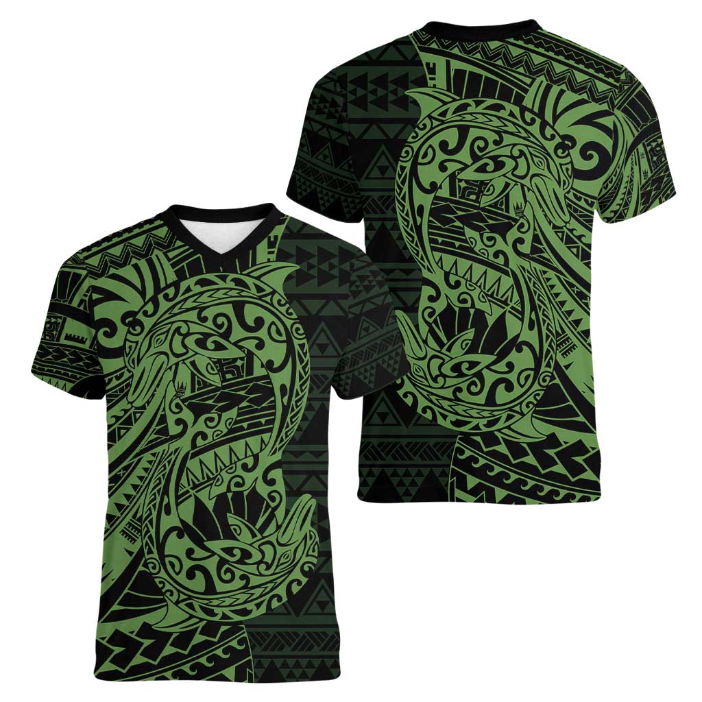 Green Couple Dolphins Maori Polynesian Style Women V-Neck T-Shirt LT9 - Polynesian Pride
