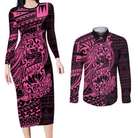 Pink Couple Dolphins Maori Polynesian Style Couples Matching Long Sleeve Bodycon Dress and Long Sleeve Button Shirt LT9 Pink - Polynesian Pride