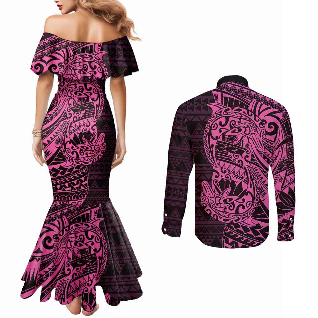 Pink Couple Dolphins Maori Polynesian Style Couples Matching Mermaid Dress and Long Sleeve Button Shirt LT9 - Polynesian Pride