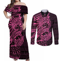 Pink Couple Dolphins Maori Polynesian Style Couples Matching Off Shoulder Maxi Dress and Long Sleeve Button Shirt LT9 Pink - Polynesian Pride