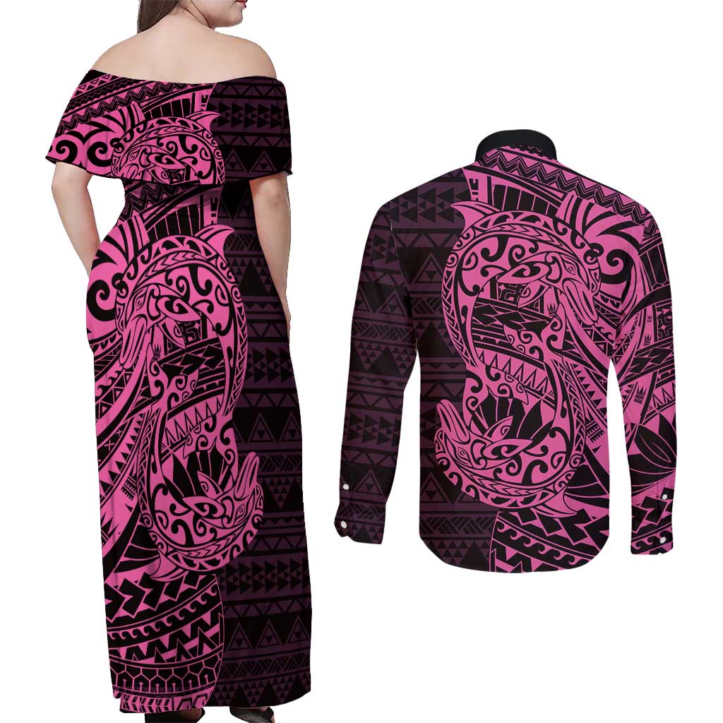 Pink Couple Dolphins Maori Polynesian Style Couples Matching Off Shoulder Maxi Dress and Long Sleeve Button Shirt LT9 - Polynesian Pride