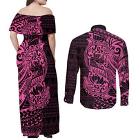 Pink Couple Dolphins Maori Polynesian Style Couples Matching Off Shoulder Maxi Dress and Long Sleeve Button Shirt LT9 - Polynesian Pride