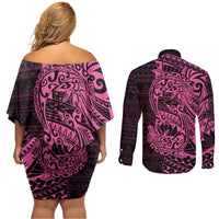 Pink Couple Dolphins Maori Polynesian Style Couples Matching Off Shoulder Short Dress and Long Sleeve Button Shirt LT9 - Polynesian Pride