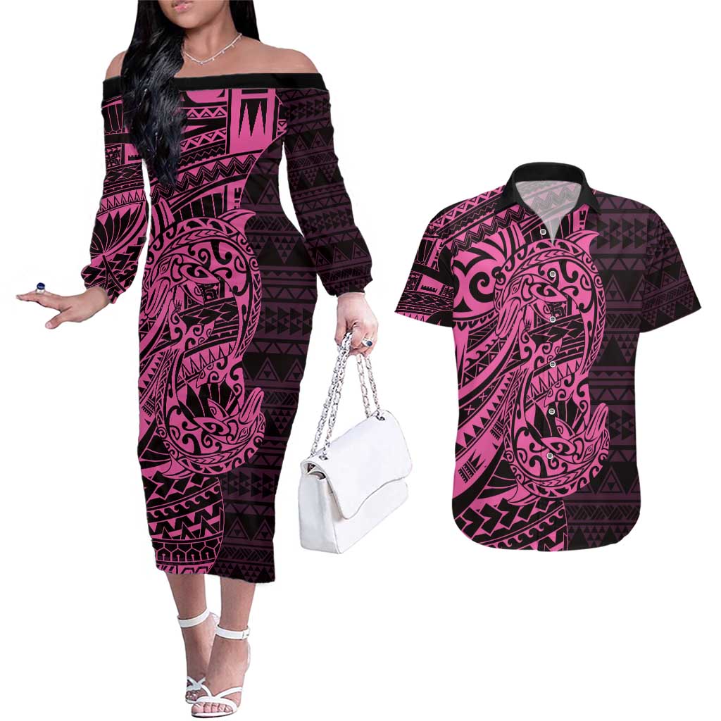 Pink Couple Dolphins Maori Polynesian Style Couples Matching Off The Shoulder Long Sleeve Dress and Hawaiian Shirt LT9 Pink - Polynesian Pride