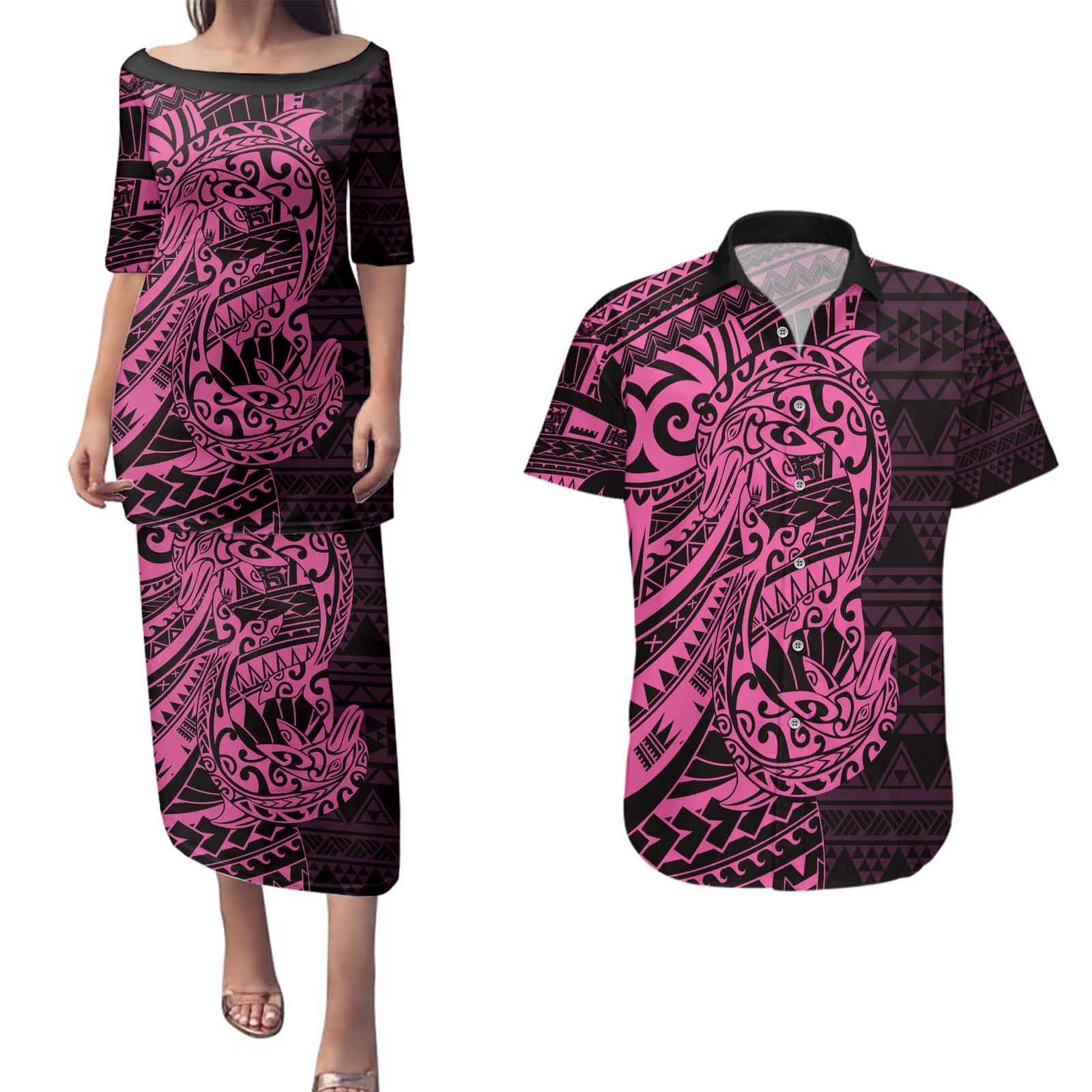 Pink Couple Dolphins Maori Polynesian Style Couples Matching Puletasi and Hawaiian Shirt LT9 Pink - Polynesian Pride