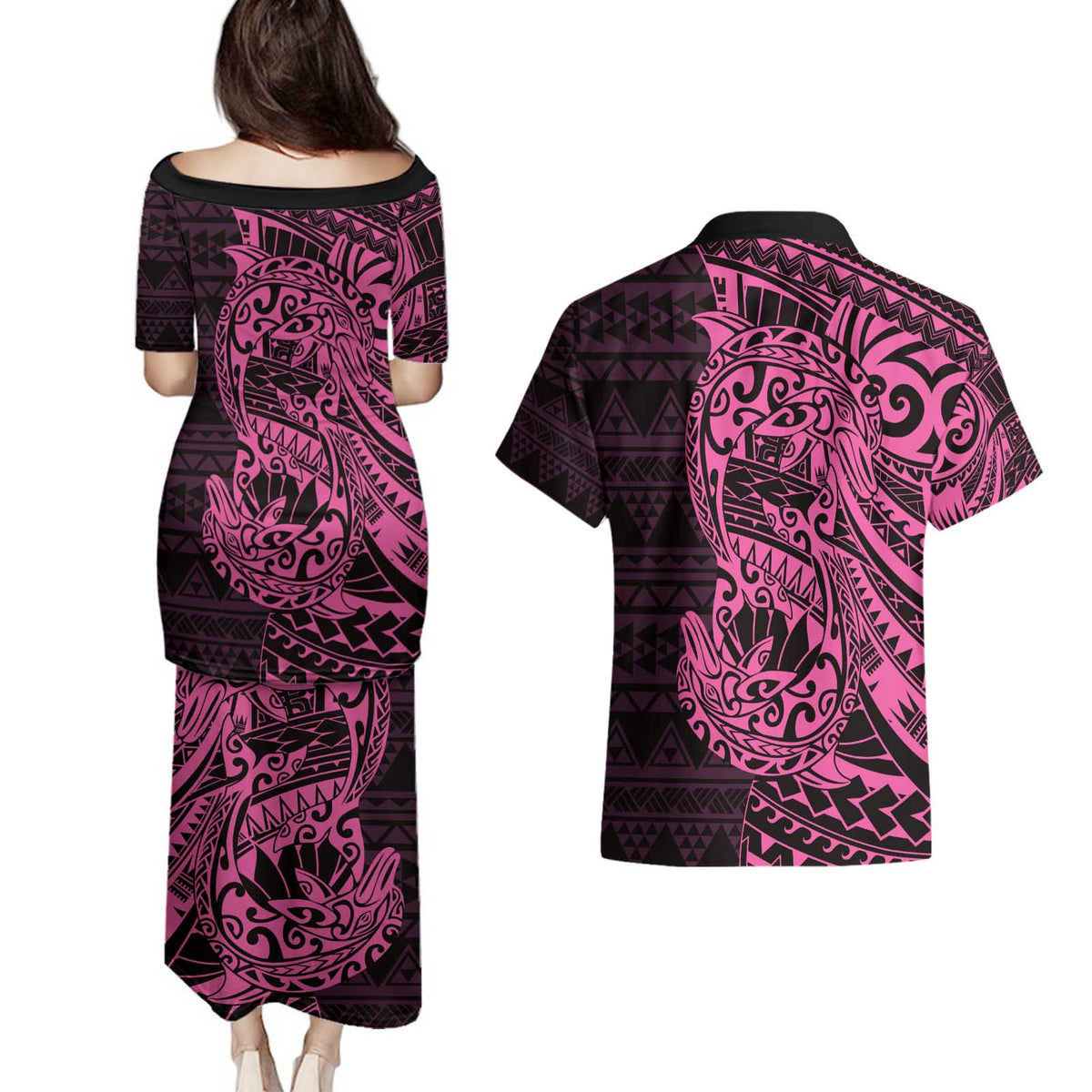 Pink Couple Dolphins Maori Polynesian Style Couples Matching Puletasi and Hawaiian Shirt LT9 - Polynesian Pride