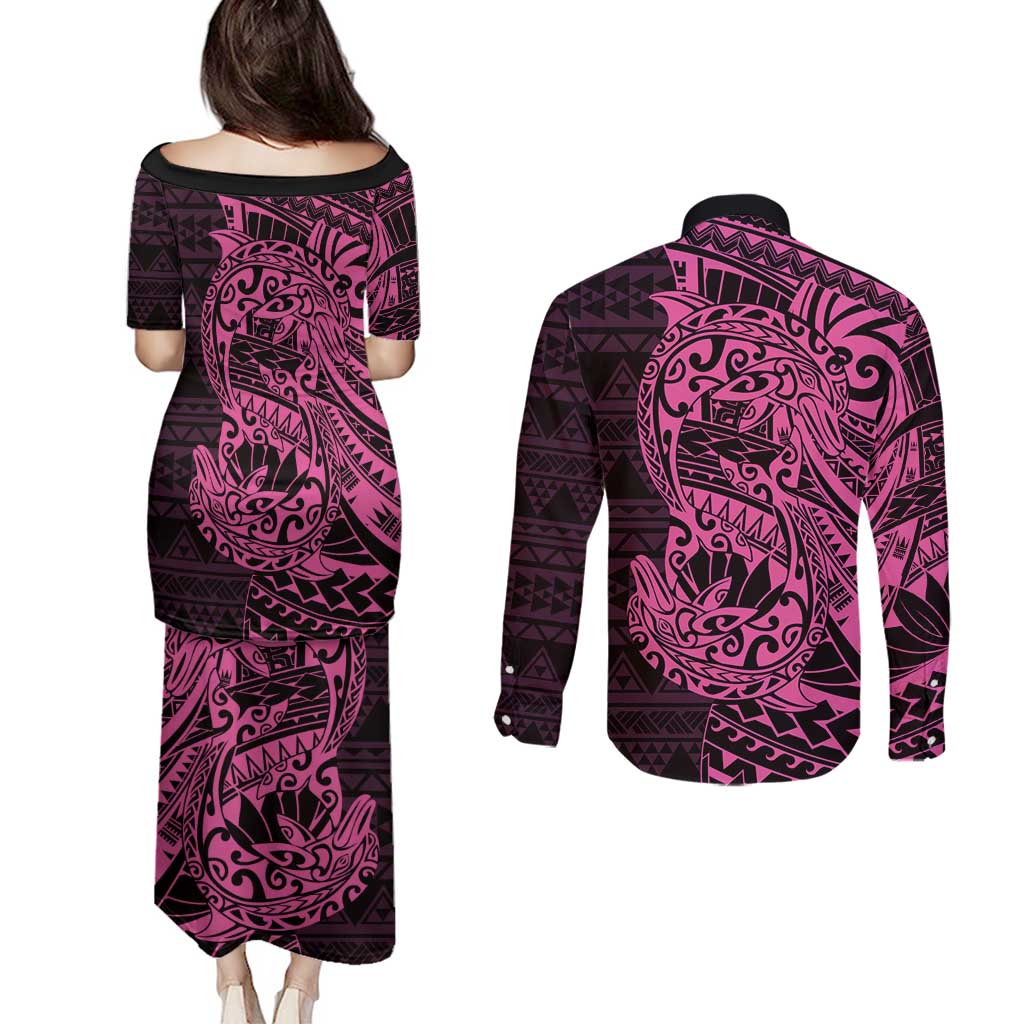 Pink Couple Dolphins Maori Polynesian Style Couples Matching Puletasi and Long Sleeve Button Shirt LT9 - Polynesian Pride