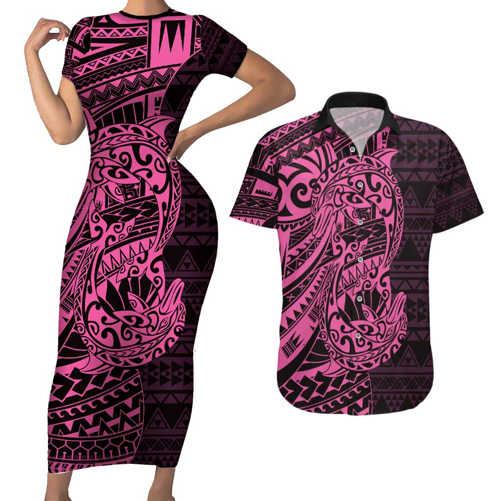 Pink Couple Dolphins Maori Polynesian Style Couples Matching Short Sleeve Bodycon Dress and Hawaiian Shirt LT9 Pink - Polynesian Pride