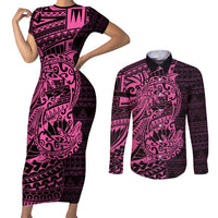 Pink Couple Dolphins Maori Polynesian Style Couples Matching Short Sleeve Bodycon Dress and Long Sleeve Button Shirt LT9 Pink - Polynesian Pride