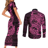 Pink Couple Dolphins Maori Polynesian Style Couples Matching Short Sleeve Bodycon Dress and Long Sleeve Button Shirt LT9 - Polynesian Pride