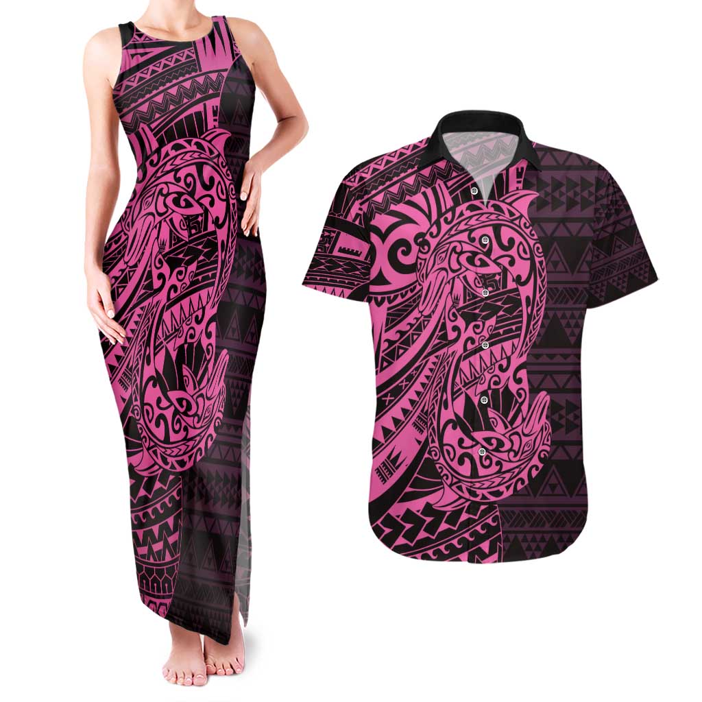 Pink Couple Dolphins Maori Polynesian Style Couples Matching Tank Maxi Dress and Hawaiian Shirt LT9 Pink - Polynesian Pride