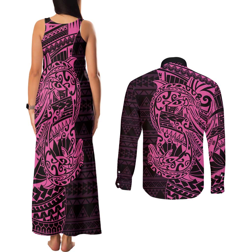 Pink Couple Dolphins Maori Polynesian Style Couples Matching Tank Maxi Dress and Long Sleeve Button Shirt LT9 - Polynesian Pride