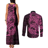 Pink Couple Dolphins Maori Polynesian Style Couples Matching Tank Maxi Dress and Long Sleeve Button Shirt LT9 - Polynesian Pride