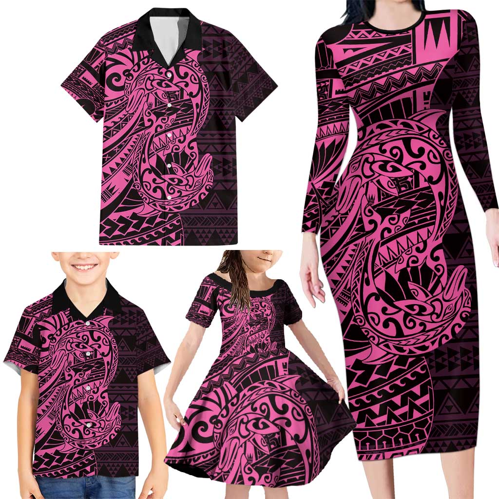 Pink Couple Dolphins Maori Polynesian Style Family Matching Long Sleeve Bodycon Dress and Hawaiian Shirt