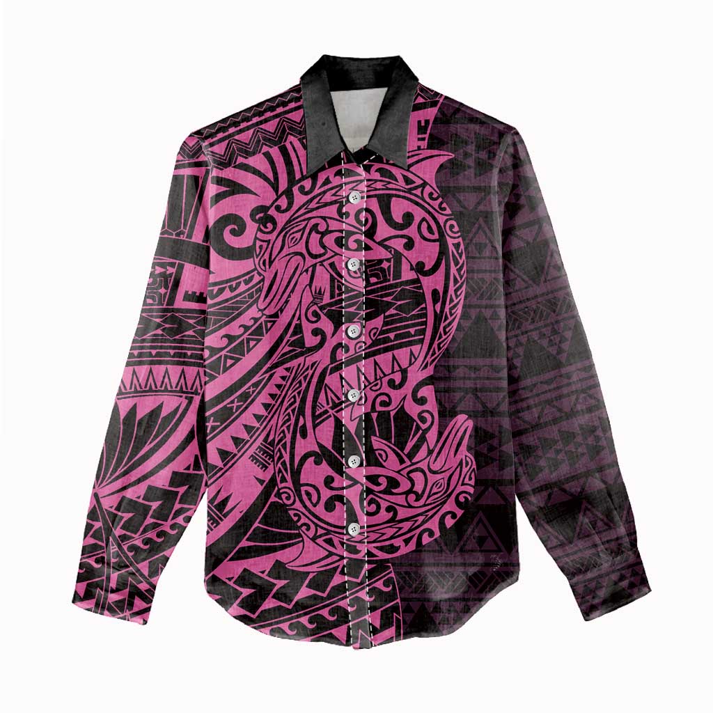 Pink Couple Dolphins Maori Polynesian Style Women Casual Shirt