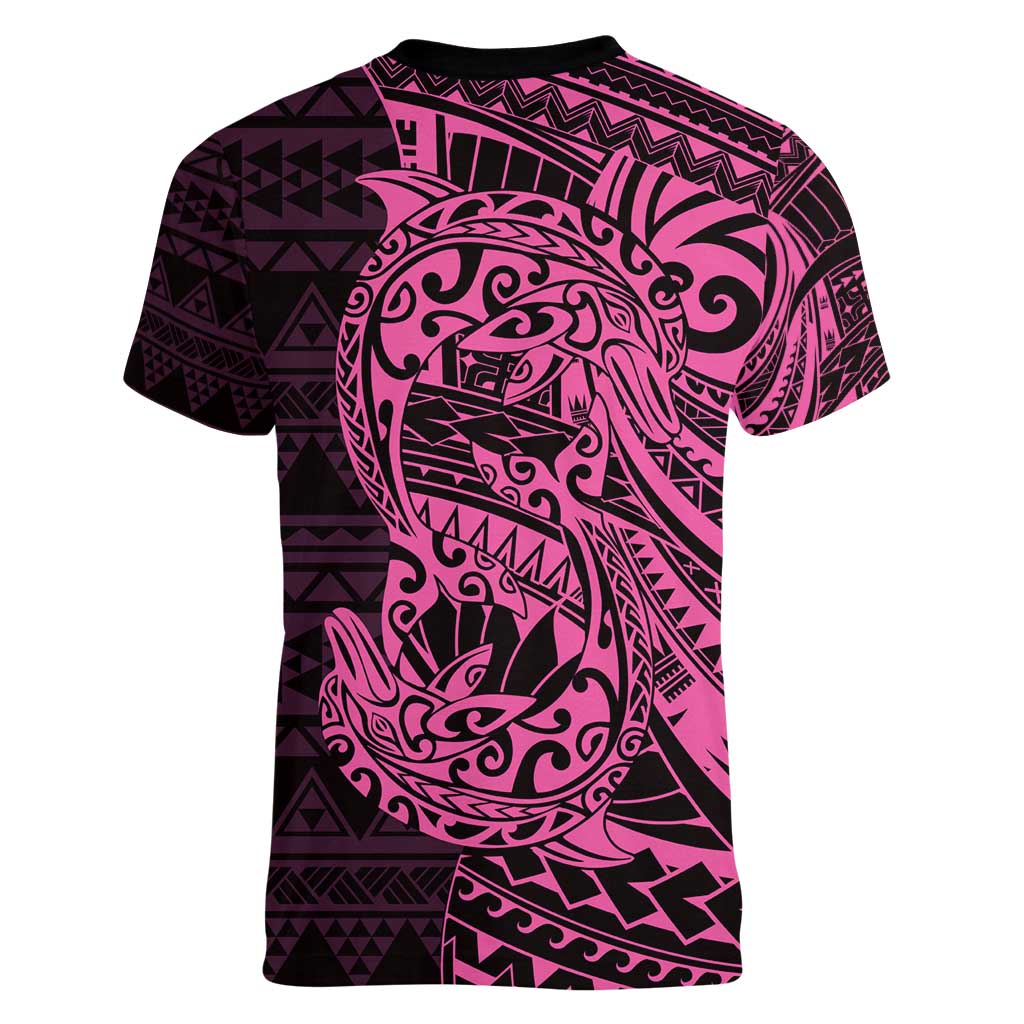 Pink Couple Dolphins Maori Polynesian Style Women V-Neck T-Shirt LT9 - Polynesian Pride