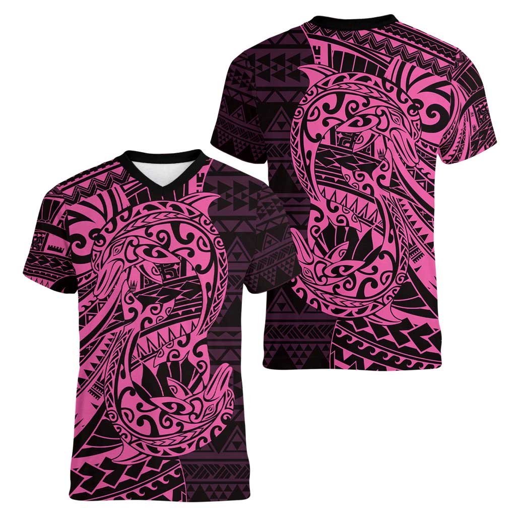 Pink Couple Dolphins Maori Polynesian Style Women V-Neck T-Shirt LT9 - Polynesian Pride