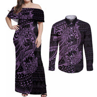 Purple Couple Dolphins Maori Polynesian Style Couples Matching Off Shoulder Maxi Dress and Long Sleeve Button Shirt LT9 Purple - Polynesian Pride