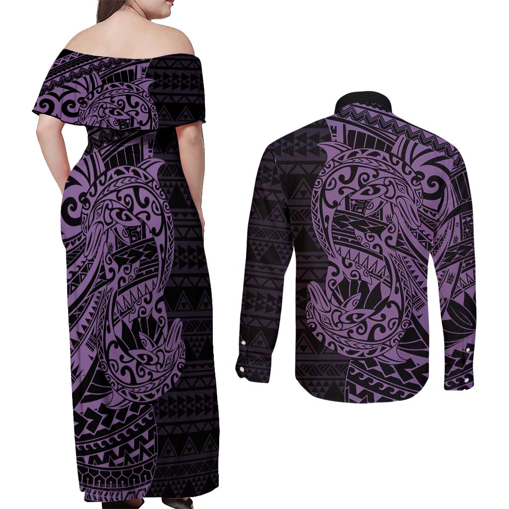 Purple Couple Dolphins Maori Polynesian Style Couples Matching Off Shoulder Maxi Dress and Long Sleeve Button Shirt LT9 - Polynesian Pride