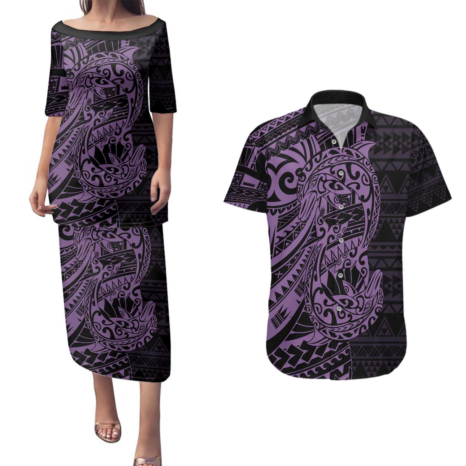 Purple Couple Dolphins Maori Polynesian Style Couples Matching Puletasi and Hawaiian Shirt LT9 Purple - Polynesian Pride