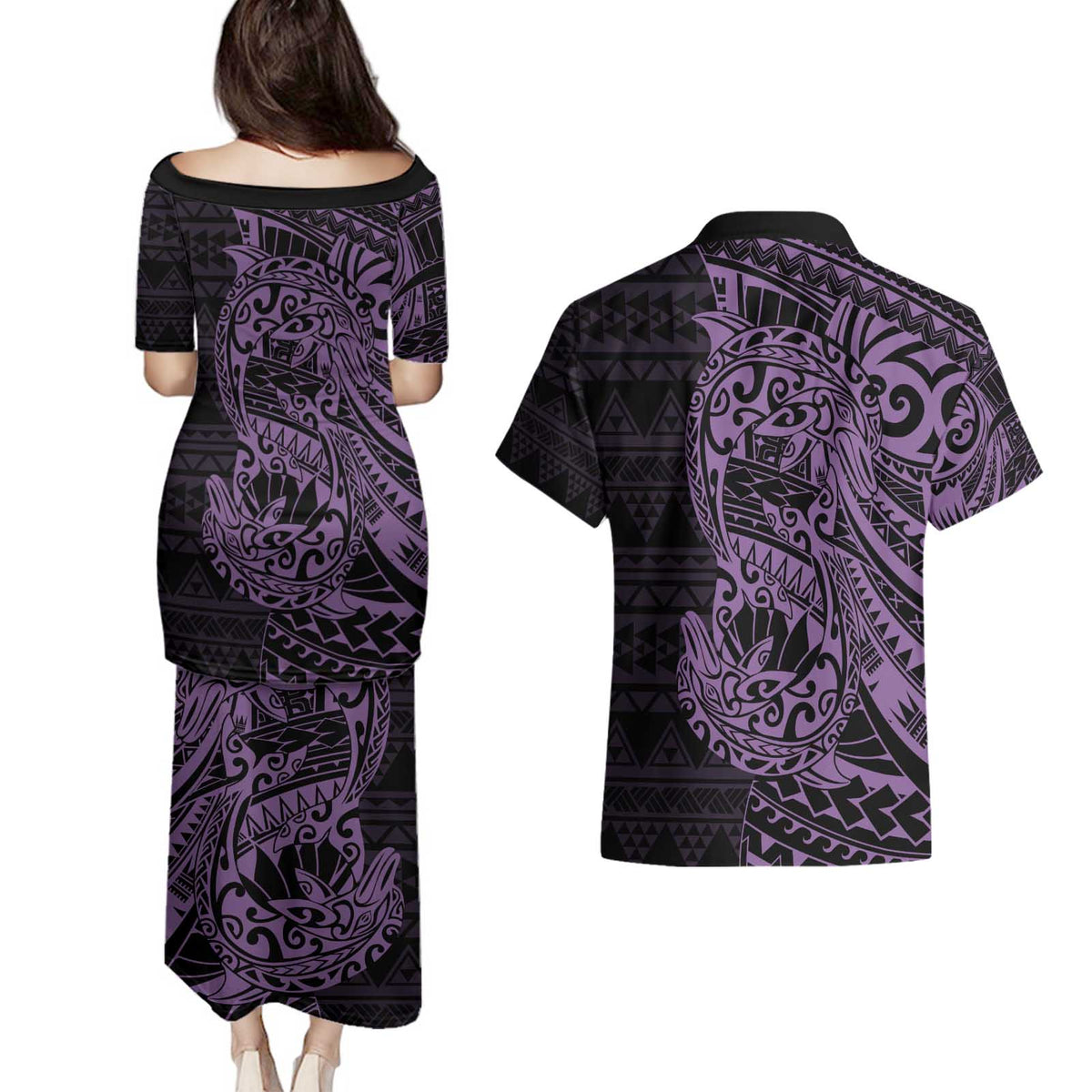 Purple Couple Dolphins Maori Polynesian Style Couples Matching Puletasi and Hawaiian Shirt LT9 - Polynesian Pride