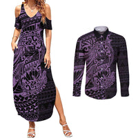 Purple Couple Dolphins Maori Polynesian Style Couples Matching Summer Maxi Dress and Long Sleeve Button Shirt LT9 Purple - Polynesian Pride