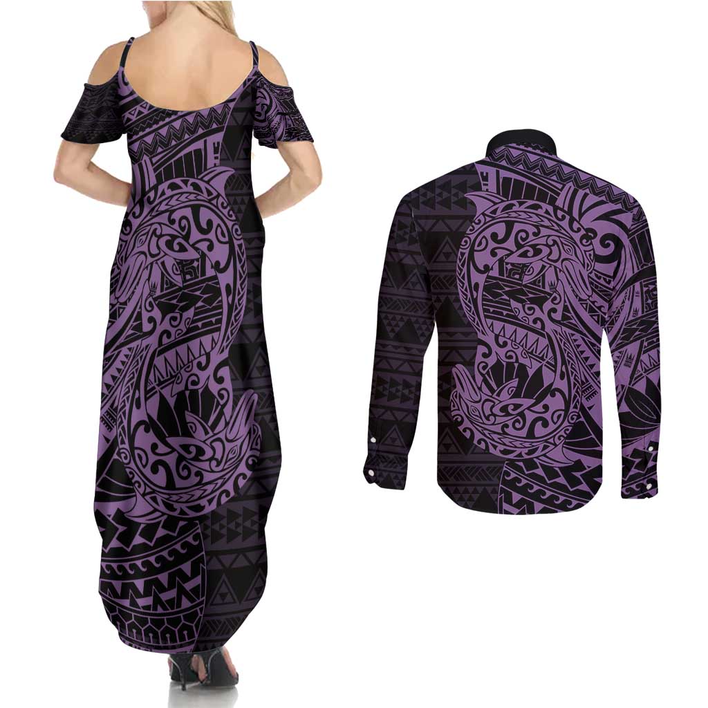 Purple Couple Dolphins Maori Polynesian Style Couples Matching Summer Maxi Dress and Long Sleeve Button Shirt LT9 - Polynesian Pride