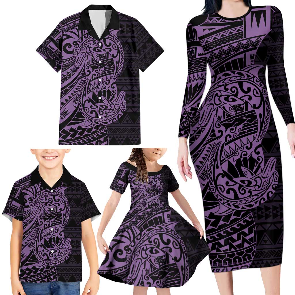 Purple Couple Dolphins Maori Polynesian Style Family Matching Long Sleeve Bodycon Dress and Hawaiian Shirt