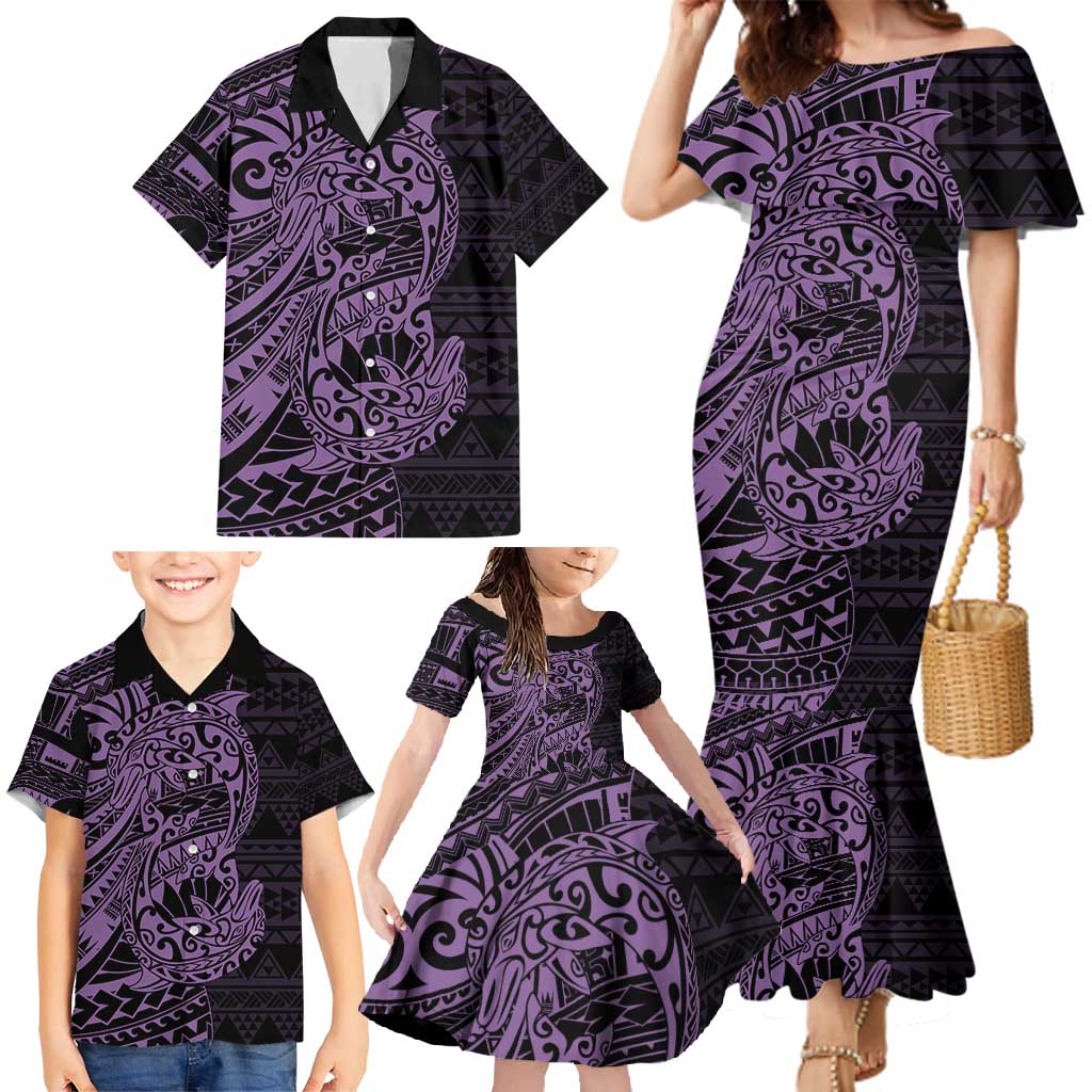 Purple Couple Dolphins Maori Polynesian Style Family Matching Mermaid Dress and Hawaiian Shirt