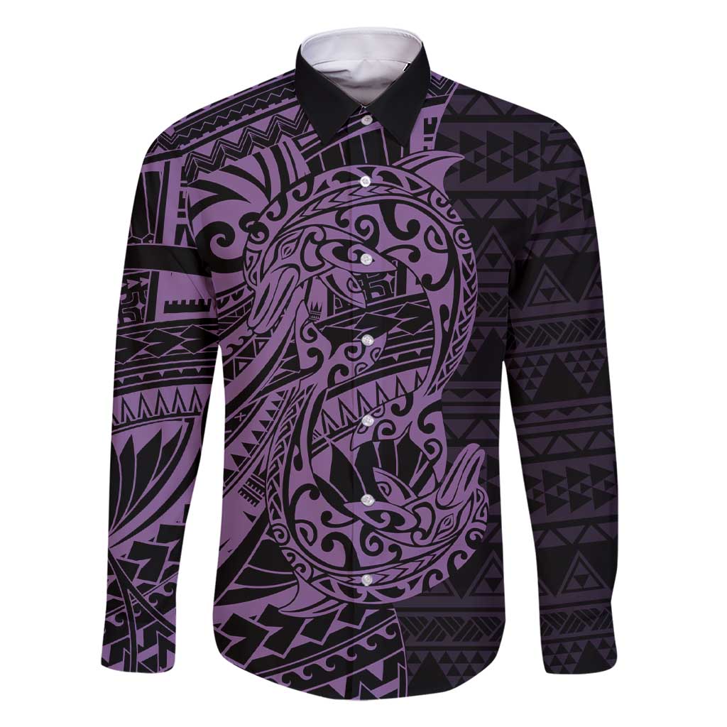 Purple Couple Dolphins Maori Polynesian Style Family Matching Short Sleeve Bodycon Dress and Hawaiian Shirt