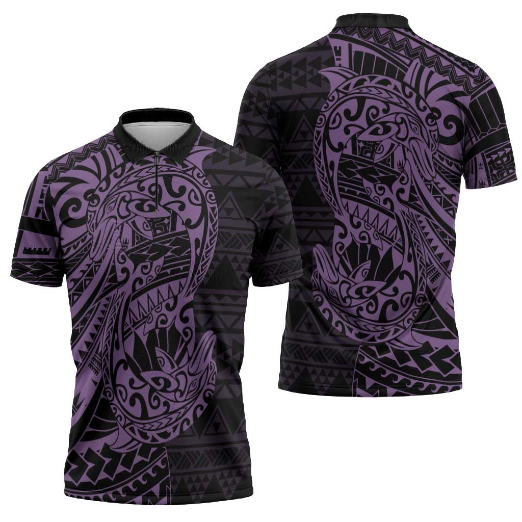 Purple Couple Dolphins Maori Polynesian Style Zipper Polo Shirt - Polynesian Pride