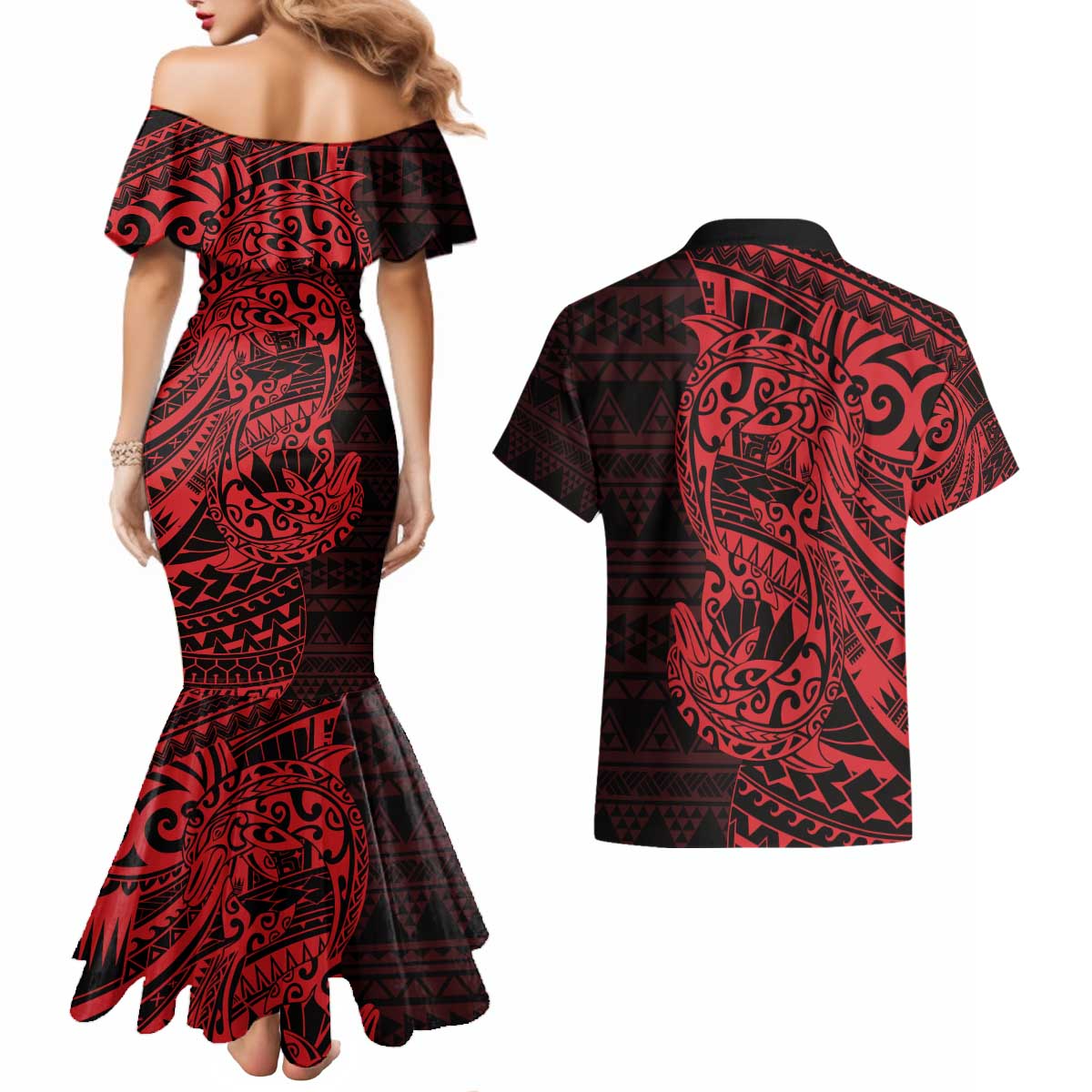 Red Couple Dolphins Maori Polynesian Style Couples Matching Mermaid Dress and Hawaiian Shirt LT9 - Polynesian Pride