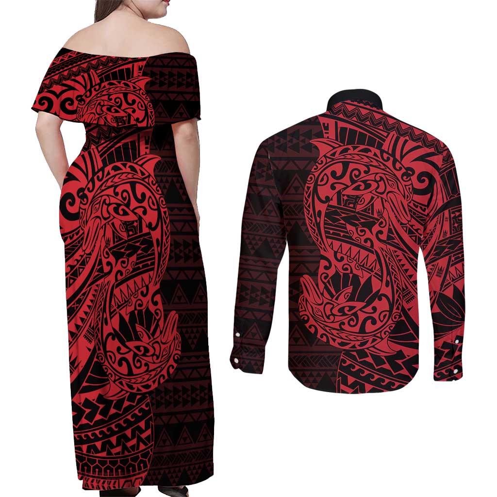 Red Couple Dolphins Maori Polynesian Style Couples Matching Off Shoulder Maxi Dress and Long Sleeve Button Shirt LT9 - Polynesian Pride