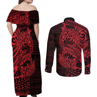 Red Couple Dolphins Maori Polynesian Style Couples Matching Off Shoulder Maxi Dress and Long Sleeve Button Shirt LT9 - Polynesian Pride