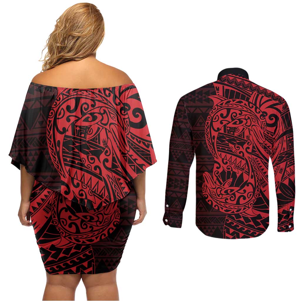 Red Couple Dolphins Maori Polynesian Style Couples Matching Off Shoulder Short Dress and Long Sleeve Button Shirt LT9 - Polynesian Pride