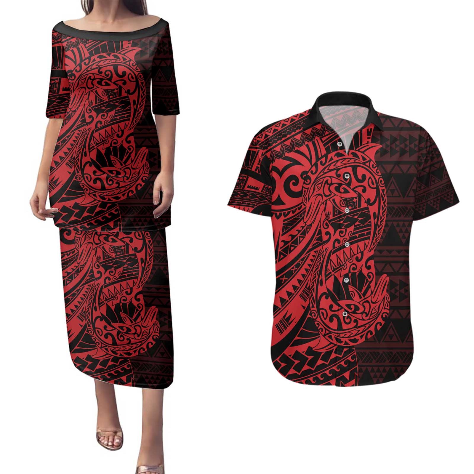 Red Couple Dolphins Maori Polynesian Style Couples Matching Puletasi and Hawaiian Shirt LT9 Red - Polynesian Pride