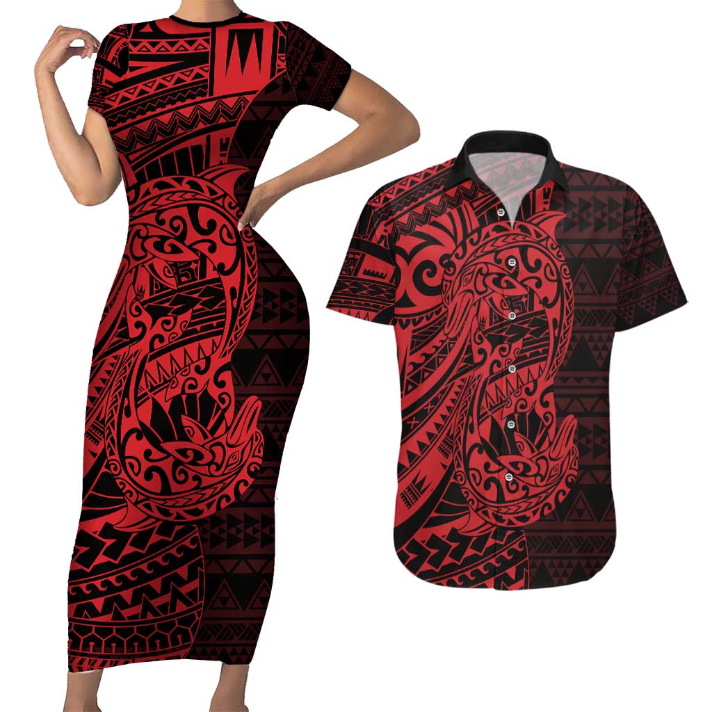 Red Couple Dolphins Maori Polynesian Style Couples Matching Short Sleeve Bodycon Dress and Hawaiian Shirt LT9 Red - Polynesian Pride