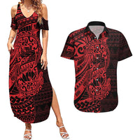 Red Couple Dolphins Maori Polynesian Style Couples Matching Summer Maxi Dress and Hawaiian Shirt LT9 Red - Polynesian Pride