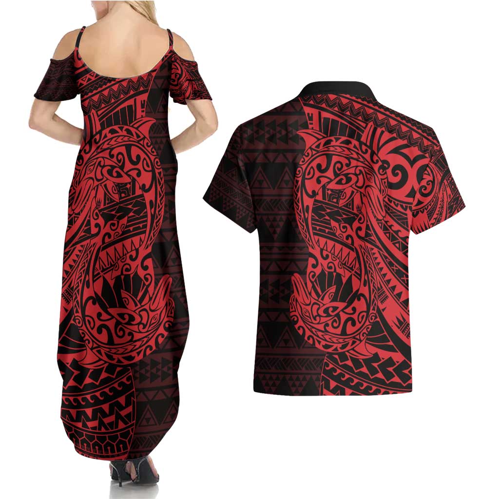 Red Couple Dolphins Maori Polynesian Style Couples Matching Summer Maxi Dress and Hawaiian Shirt LT9 - Polynesian Pride