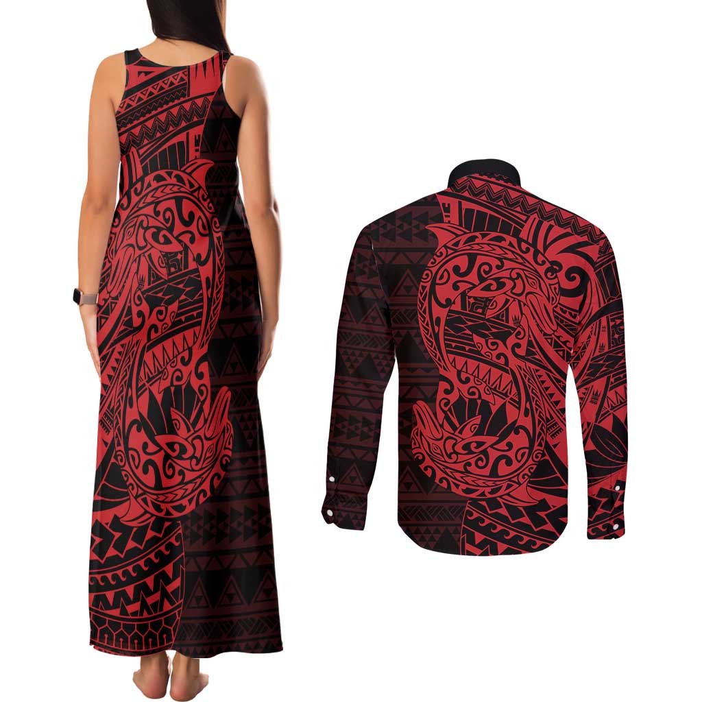 Red Couple Dolphins Maori Polynesian Style Couples Matching Tank Maxi Dress and Long Sleeve Button Shirt