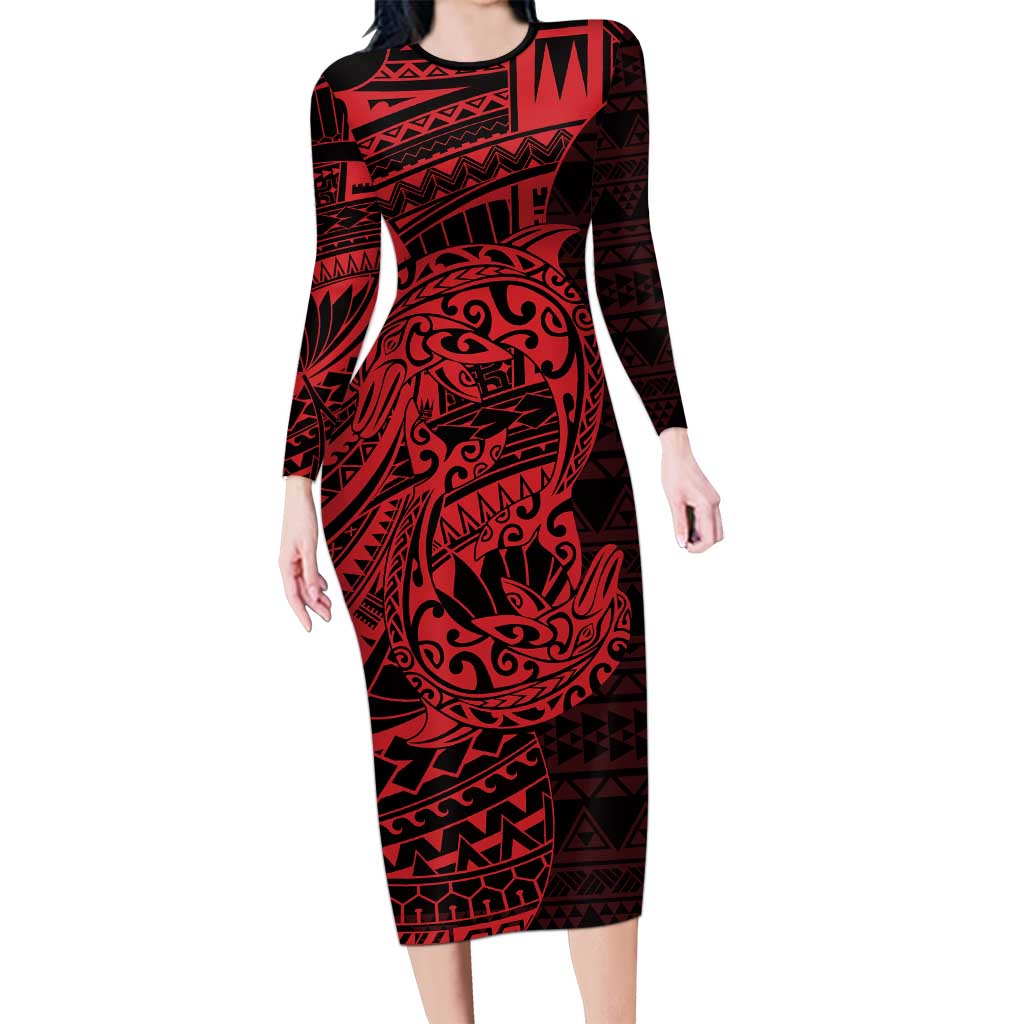 Red Couple Dolphins Maori Polynesian Style Family Matching Long Sleeve Bodycon Dress and Hawaiian Shirt