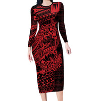 Red Couple Dolphins Maori Polynesian Style Family Matching Long Sleeve Bodycon Dress and Hawaiian Shirt