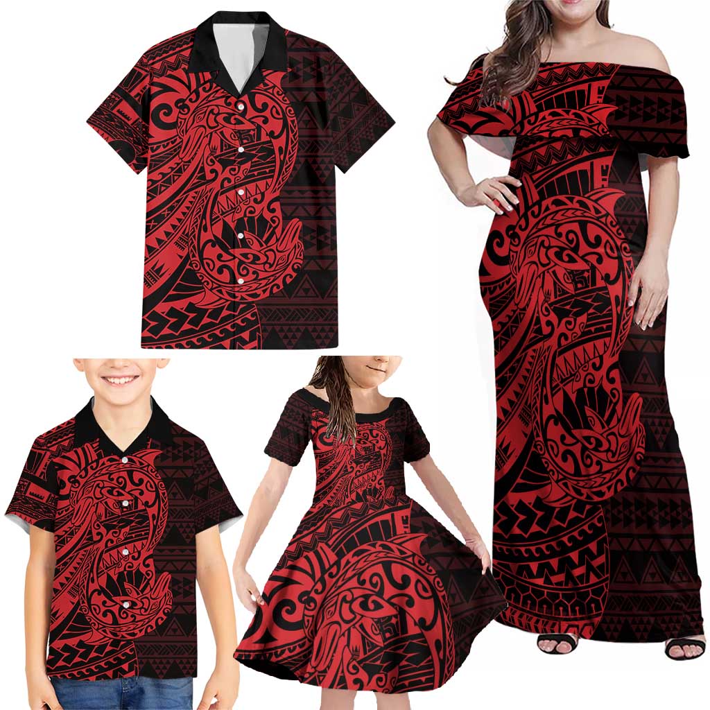 Red Couple Dolphins Maori Polynesian Style Family Matching Off Shoulder Maxi Dress and Hawaiian Shirt
