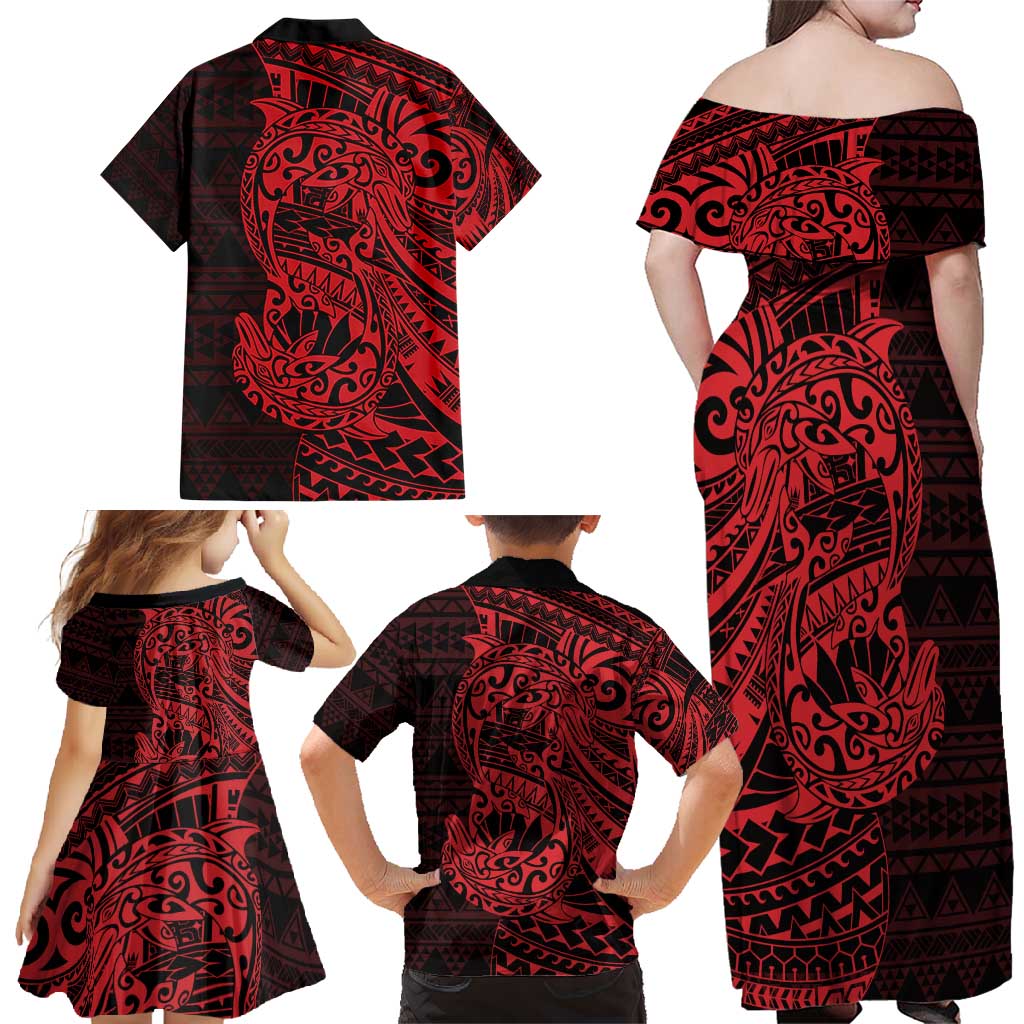 Red Couple Dolphins Maori Polynesian Style Family Matching Off Shoulder Maxi Dress and Hawaiian Shirt