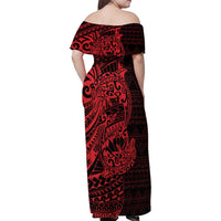 Red Couple Dolphins Maori Polynesian Style Family Matching Off Shoulder Maxi Dress and Hawaiian Shirt