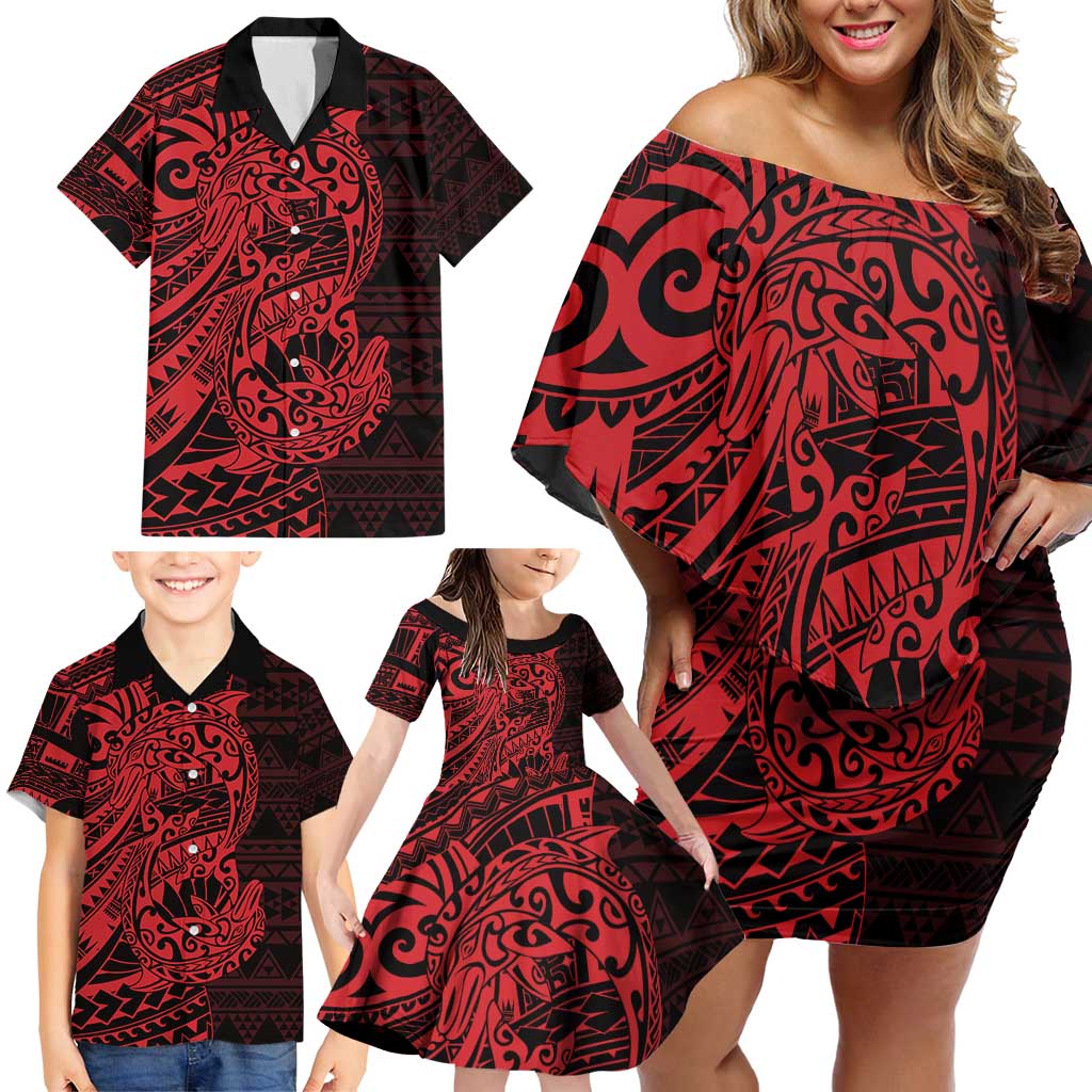 Red Couple Dolphins Maori Polynesian Style Family Matching Off Shoulder Short Dress and Hawaiian Shirt