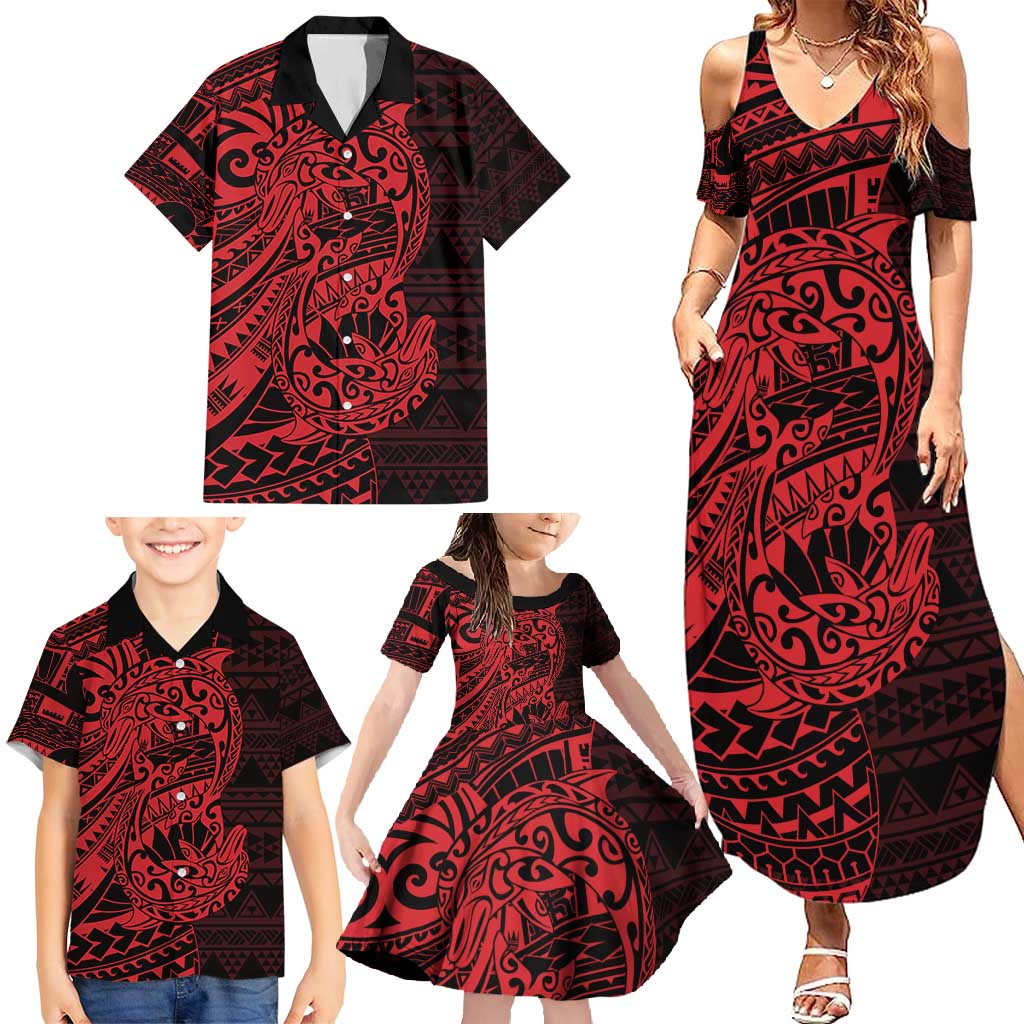 Red Couple Dolphins Maori Polynesian Style Family Matching Summer Maxi Dress and Hawaiian Shirt