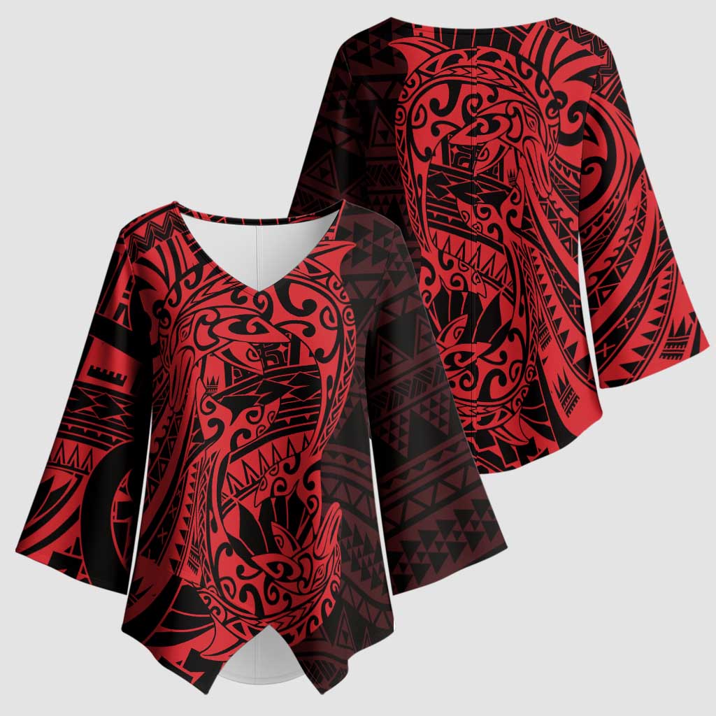 Red Couple Dolphins Maori Polynesian Style Kimono Sleeve Blouse - Polynesian Pride